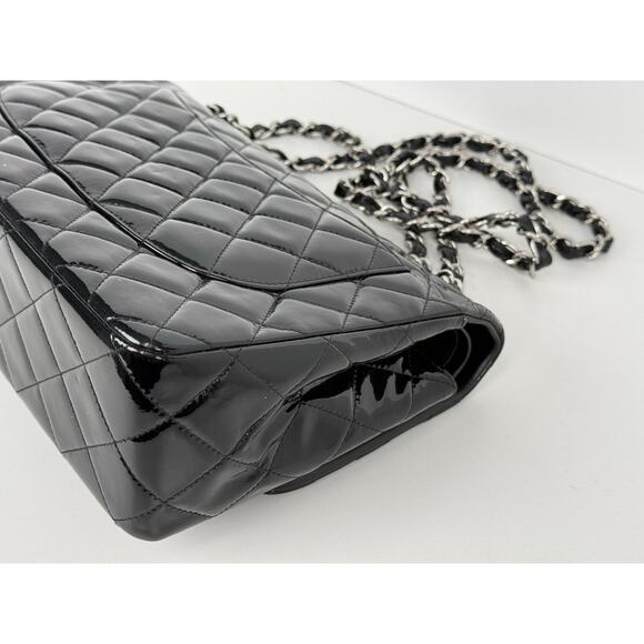 Chanel Patent Quilted Jumbo Single Flap Bag Black with Silver Hardware B-2 - Picture 10 of 16